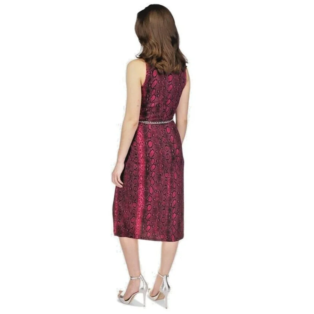 Michael Kors Women's Snakeskin-Print Sleeveless Midi Dress Fuchsia L (NO BELT)